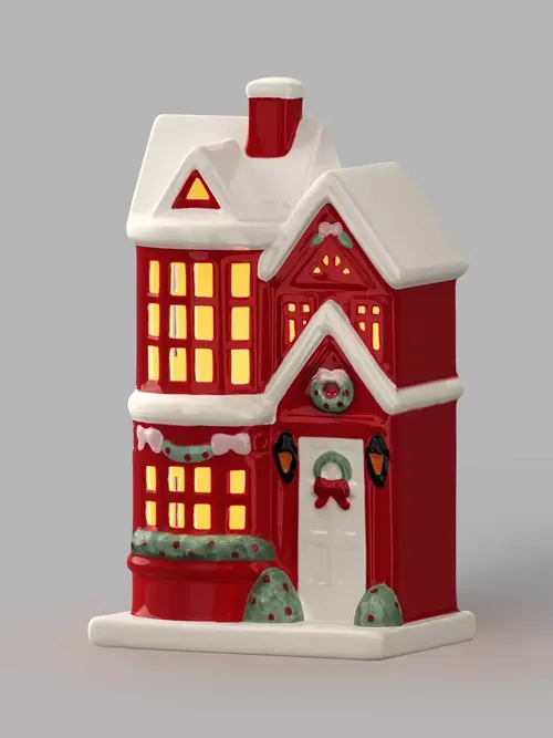 Christmas House Lit Ceramic Red