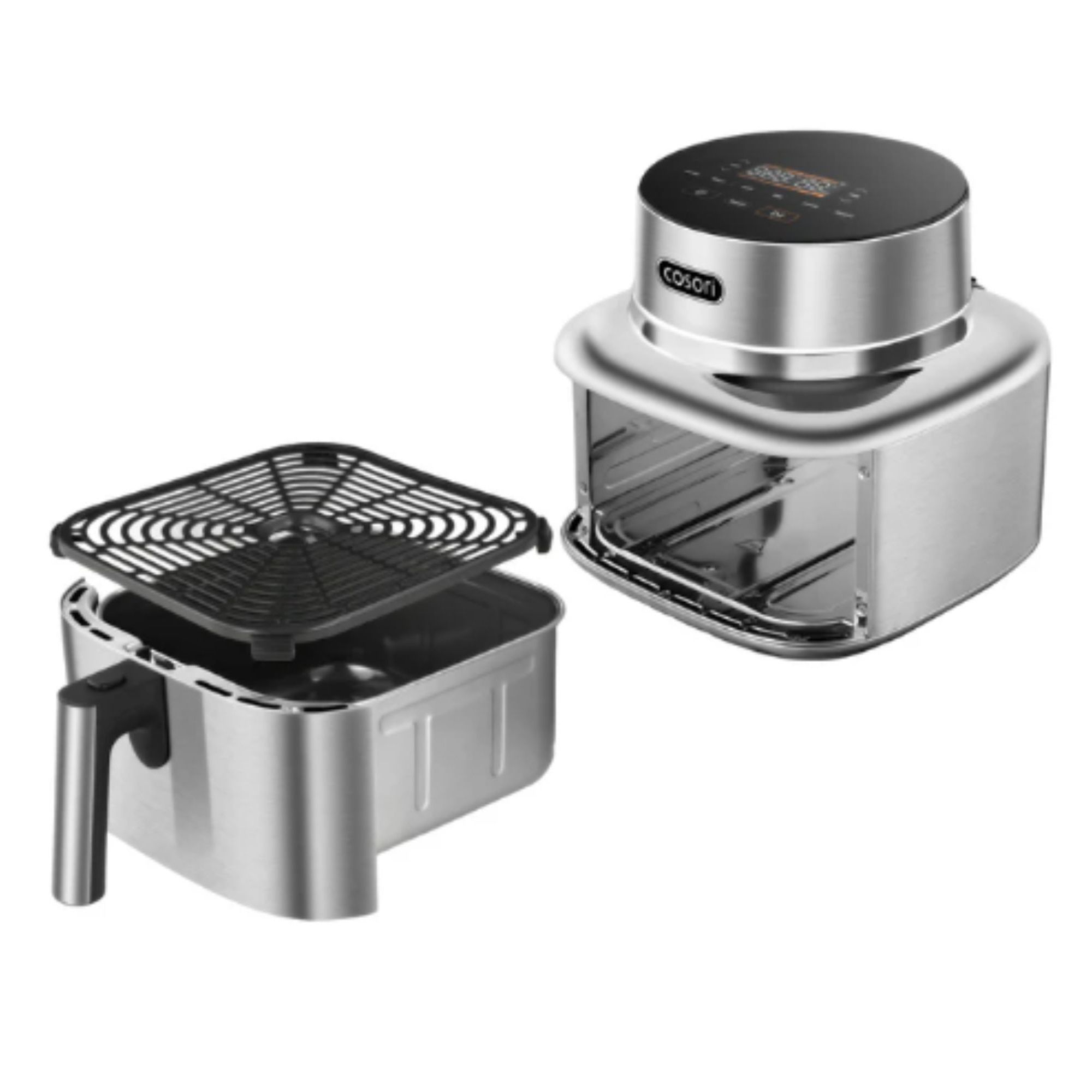 A stainless steel Cosori air fryer with the drawer pulled out and the crisper tray removed, on a white background