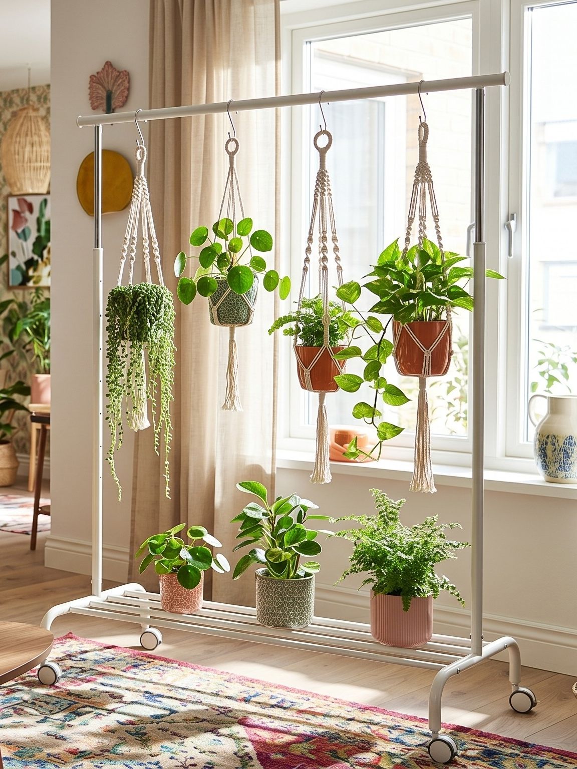 Plant stand clothing rack in a vibrant room