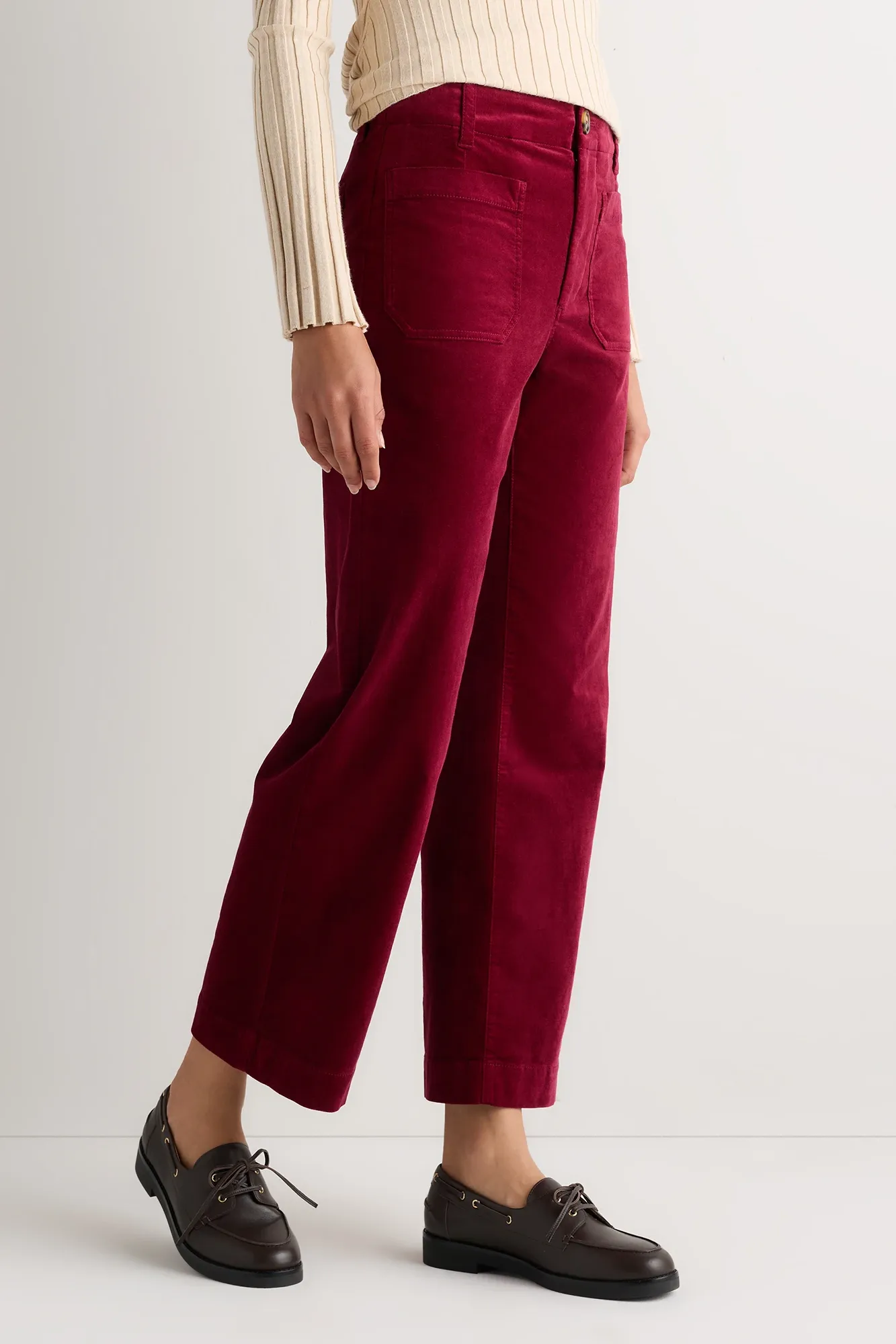 Stretch Velvet Patch Pocket Wide Leg Pants in Mulberry Red, Size 0