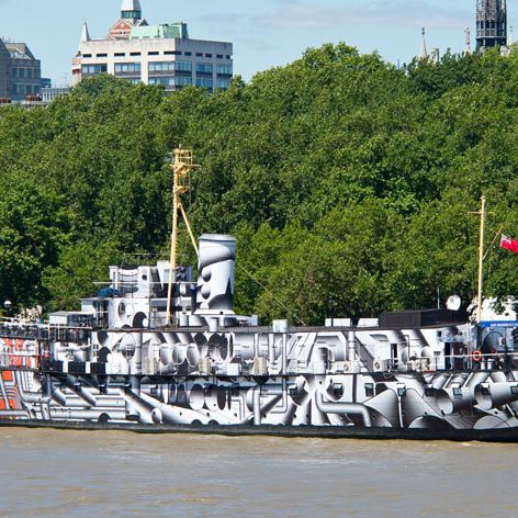Artist Tobias Rehberger docks his 'dazzle' warship on London's
