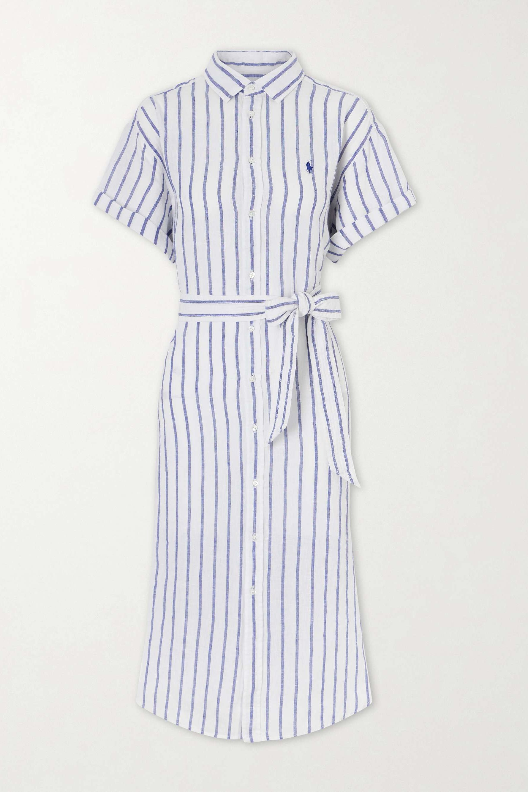 Belted Striped Linen Midi Dress