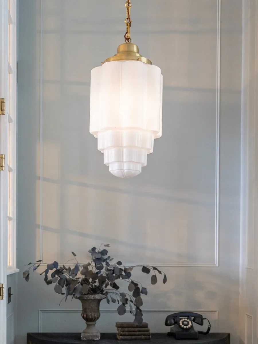 Soho Lighting Co, Soho Lighting Glasshouse Lacquered Brass Opal Art Deco Pendant Light