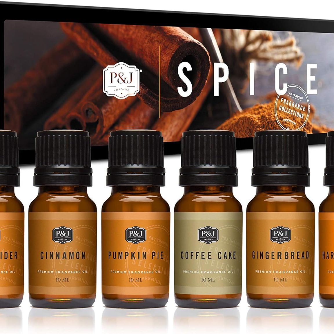 P&amp;amp;j Fragrance Oil Spice Set | Cinnamon, Harvest Spice, Apple Cider, Coffee Cake, Gingerbread, and Pumpkin Pie Candle Scents for Candle Making, Freshie, Soap Making Supplies, Diffuser Oil Scents