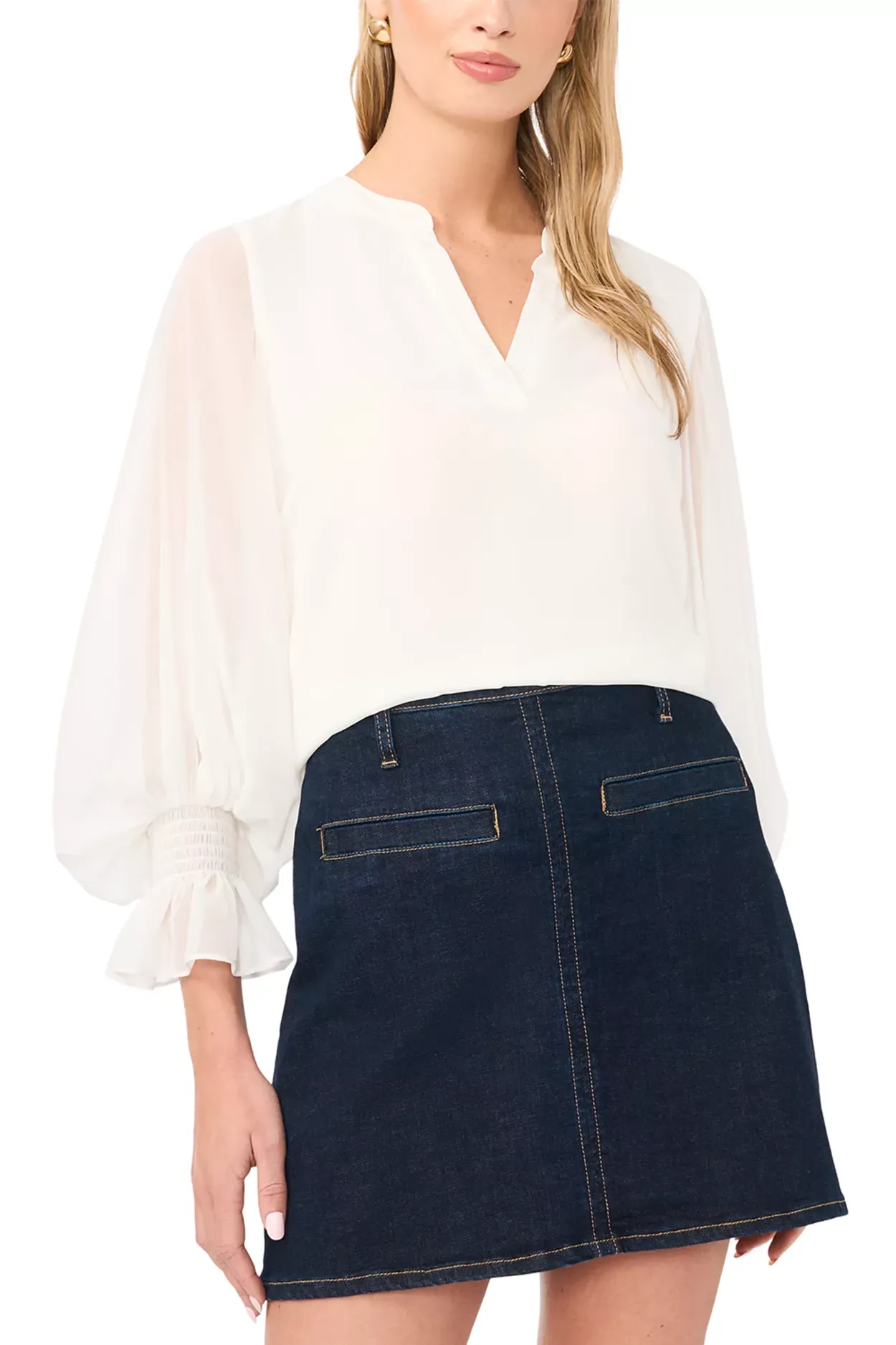 V Neck Sheer Sleeve Top