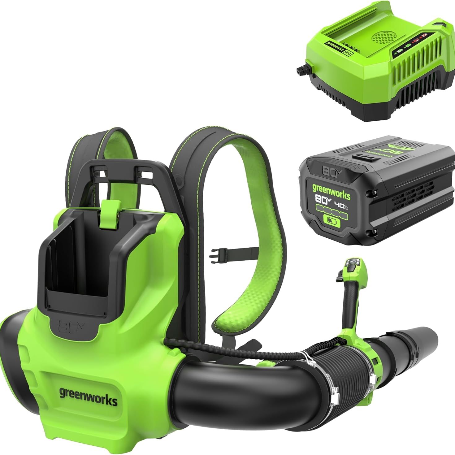 Greenworks 80v (750 Cfm / 180 Mph) Brushless Backpack Leaf Blower, Variable Speed for Large Properties, Dislodge Gravel From Driveways or Packed Snow From Walkways, Includes 4.0ah Battery and Charger