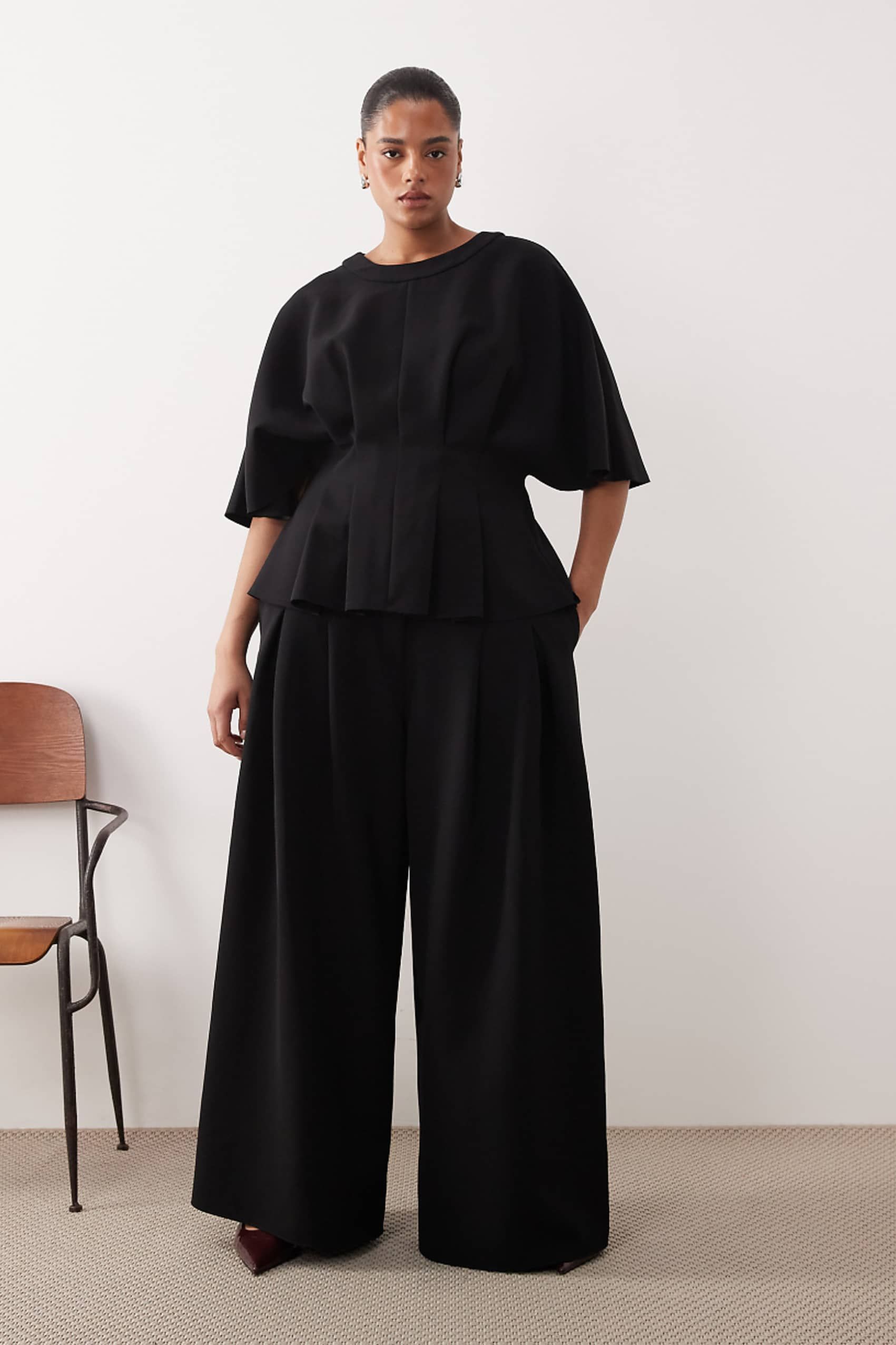 Arrange Curve Pleated Waist Tailored Wide Leg Pants in Black - Part of a Set