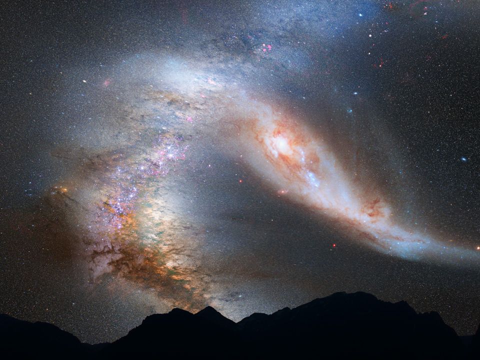 Milky Way Galaxy's Head-On Crash with Andromeda: Artist Images