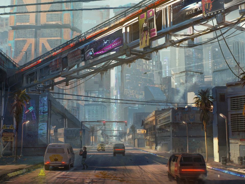 Cyberpunk 2077 concept art shows high-tech City Center and
