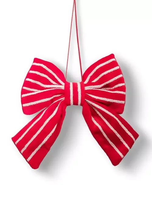 Red and White Striped Velvet Bow Christmas Tree Ornament