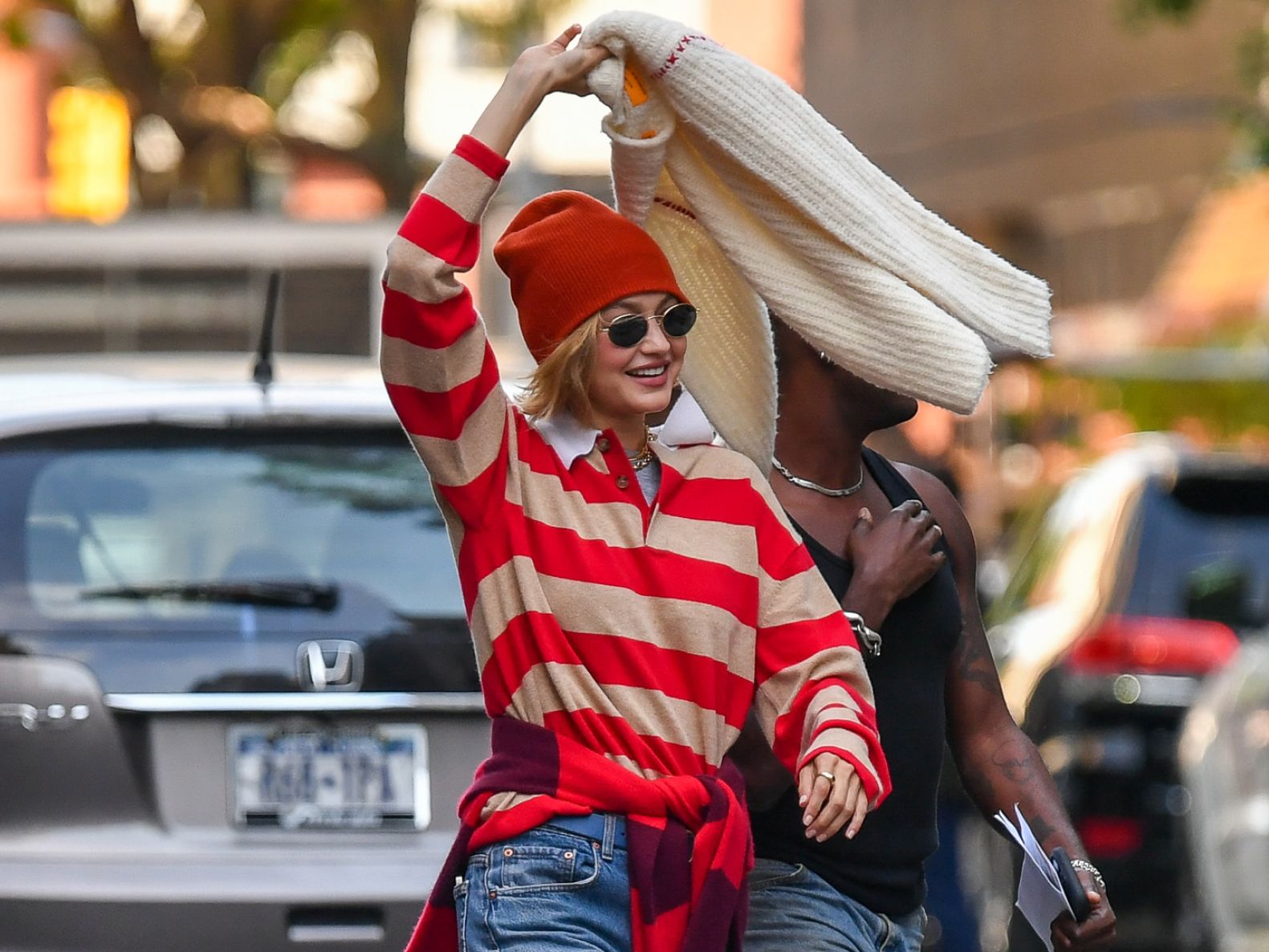 Gigi Hadid Layers Three Fall Sweaters at Once Like a Pattern 