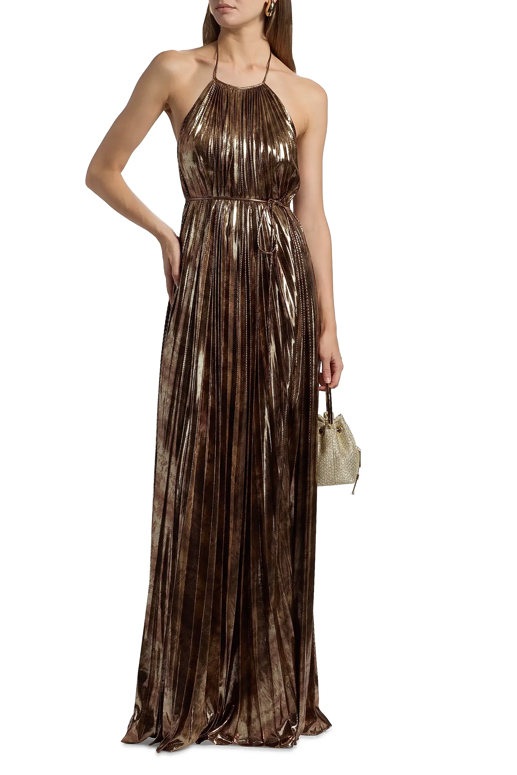 Maxine Metallic Pliss&amp;eacute; Halter Gown