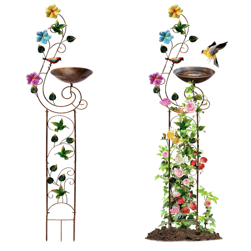 YYWMWM, Yywmwm 57" Height Metal Bird Bath With Trellis for Outdoor, Vintage Decorative Bird Baths, Small Garden Plant Support, Antique Birdbath for Climbing Plants With Detachable Iron Bowl (hummingbird)