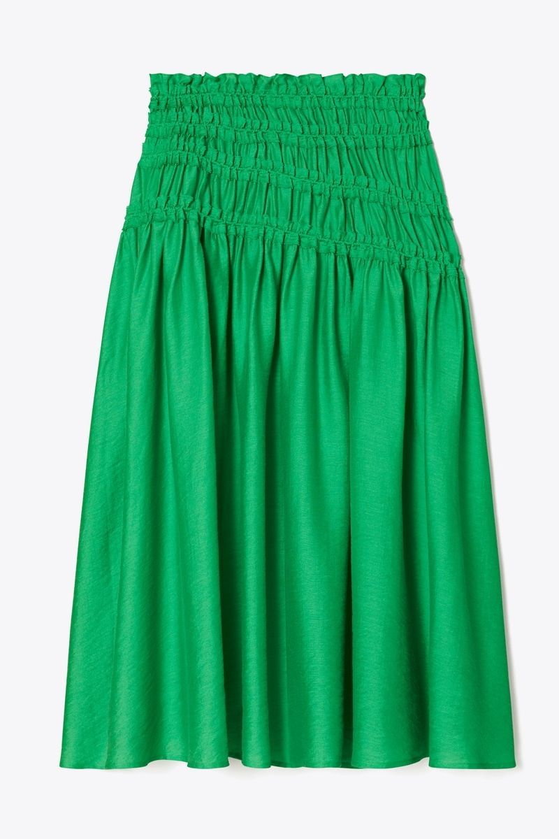 Smocked Viscose Skirt in Green, Size M