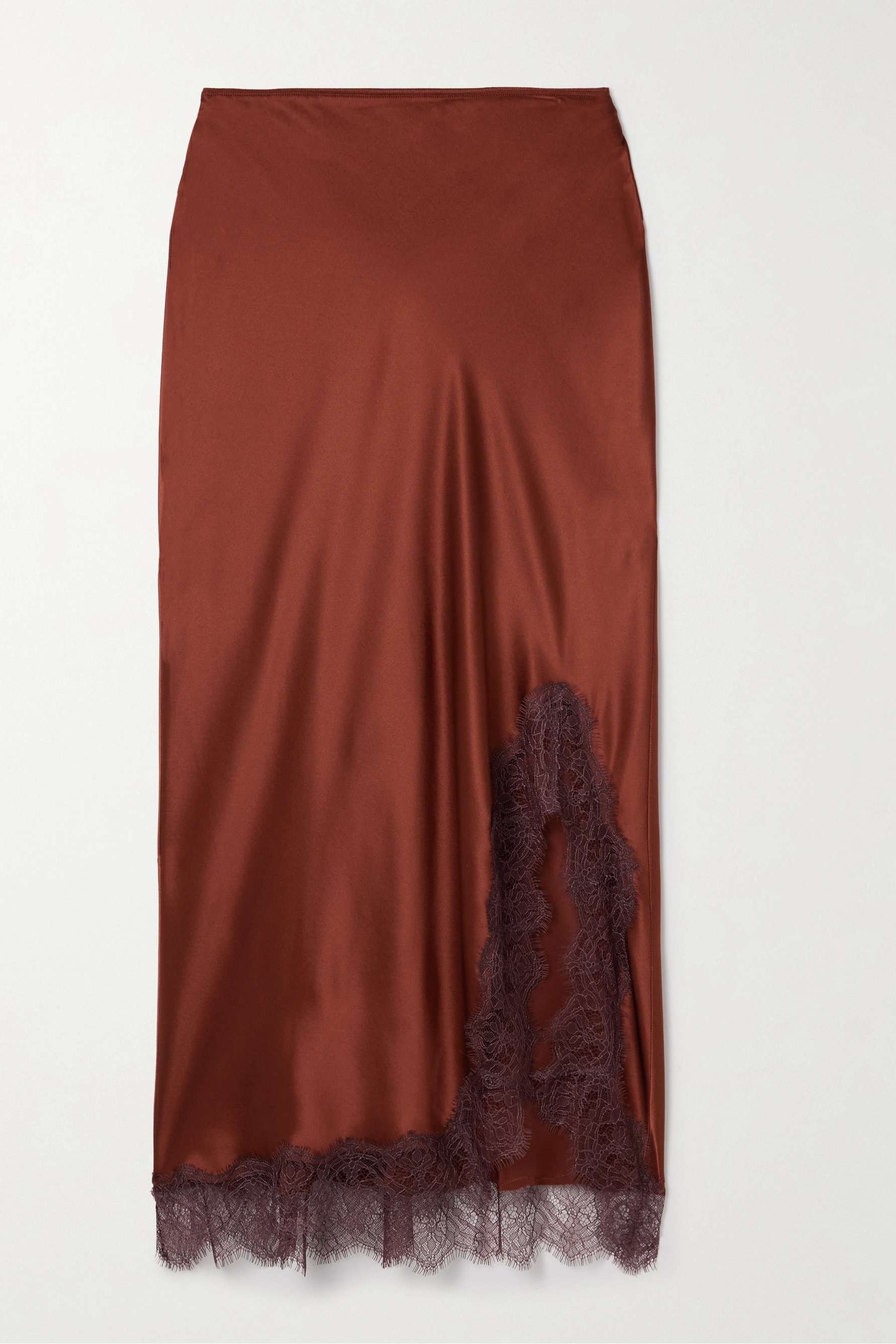 Demi Chantilly Lace-Trimmed Silk-Satin Midi Skirt