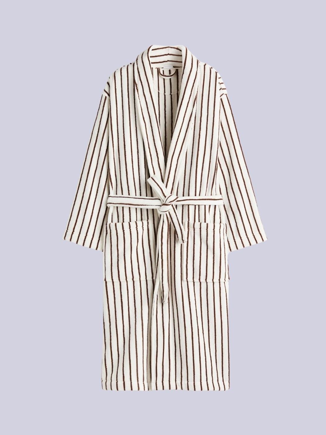 Cotton Terry Dressing Gown in white and brown stripes against pale lilac background.