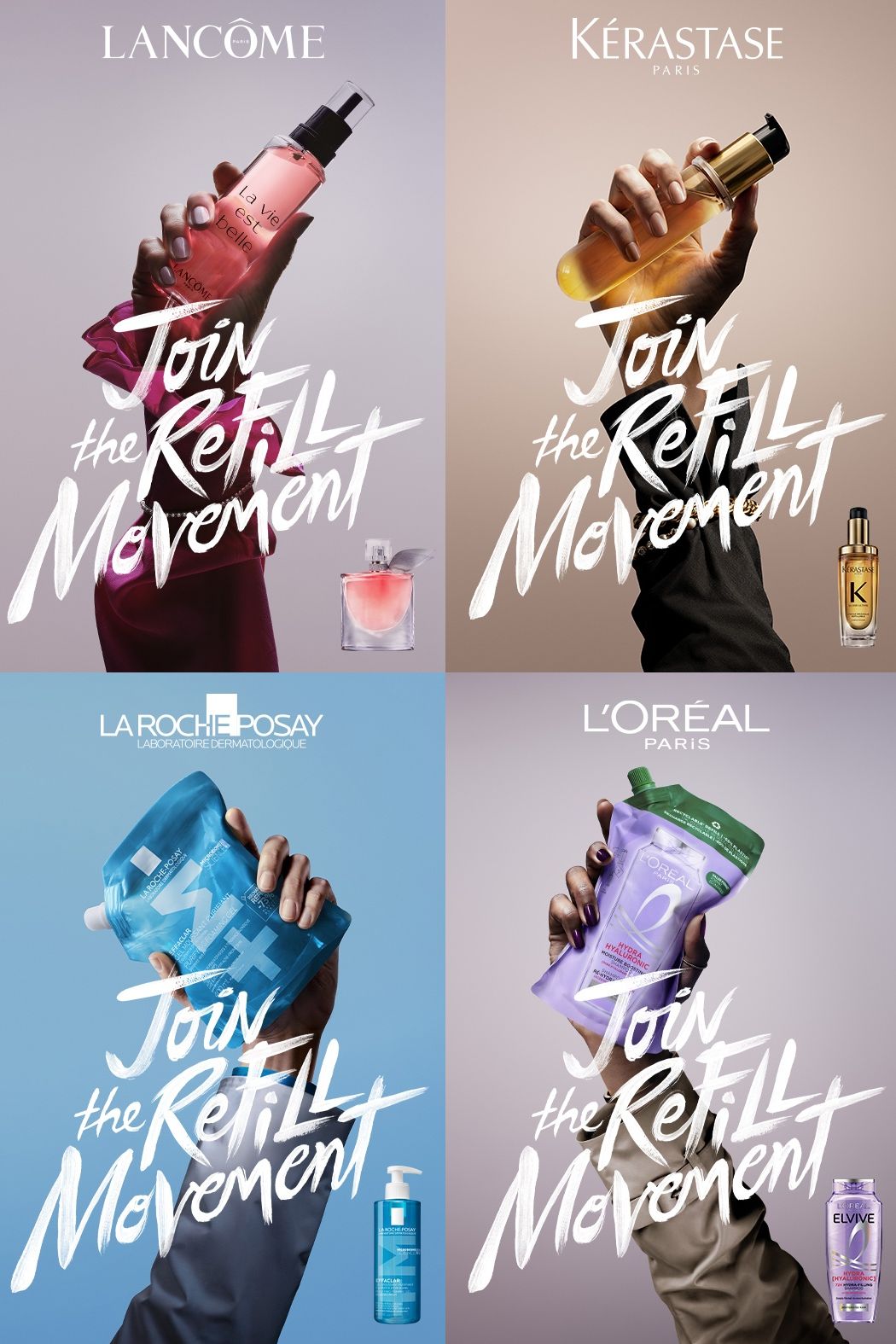 L'Oreal's refillable products being held in the air with the words 'Join the refill movement' written across