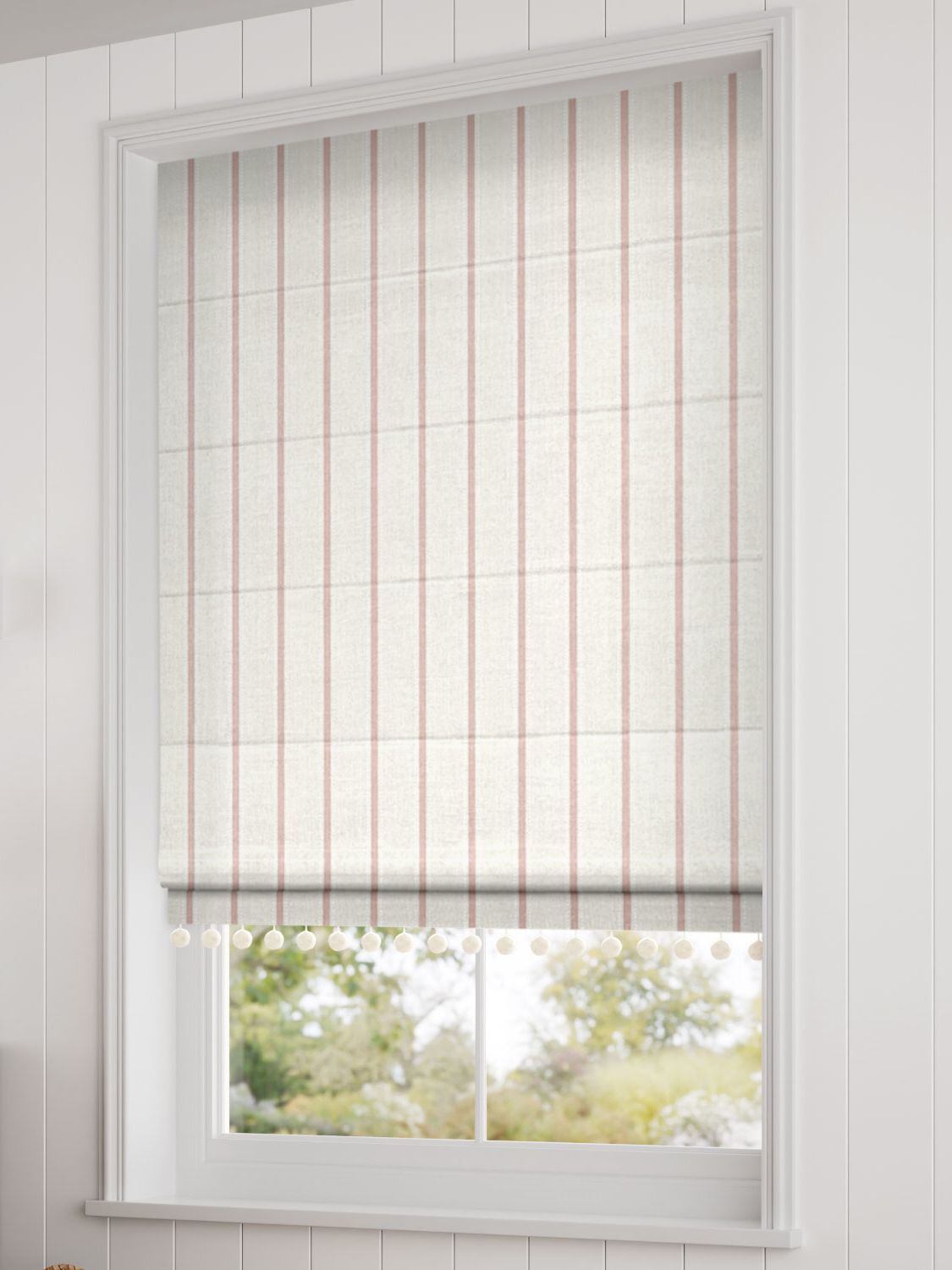 Blinds2Go, Twill Stripe Blush &amp;amp; Chalk Trimmed Roman Blind