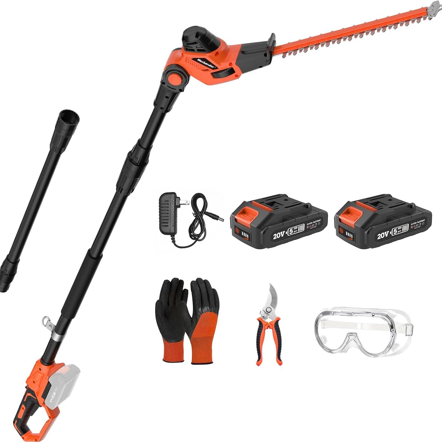 Maxlander Hedge Trimmer 18-Inch Cordless Pole Hedge Trimmer, 16-Feet Max Reach Hedge Trimmer With Extension Pole, Multi-Angle Adjustable, 2 X 2.0ah Battery and Charger Included