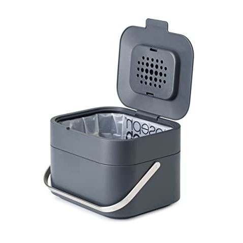 Joseph Joseph Intelligent Waste, Stack 4 Kitchen Food Waste Compost Caddy Recycling Bin With Odour Filter, 4 Litres / 1 Gallon- Graphite
