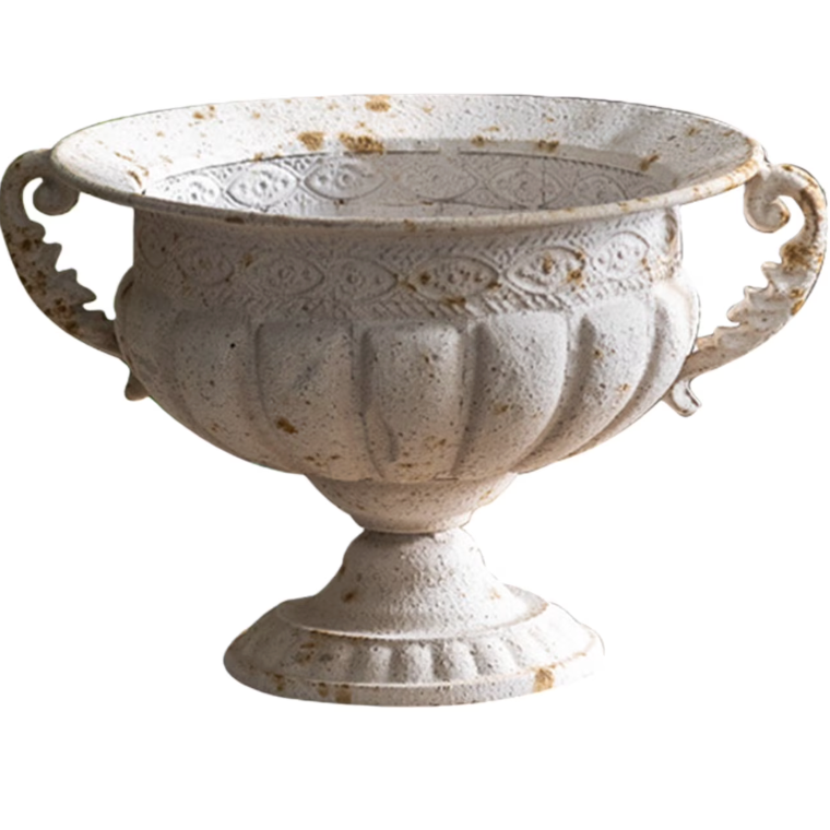 Vintage White 13.6" Iron Urn Planter With Faux Stone Finish