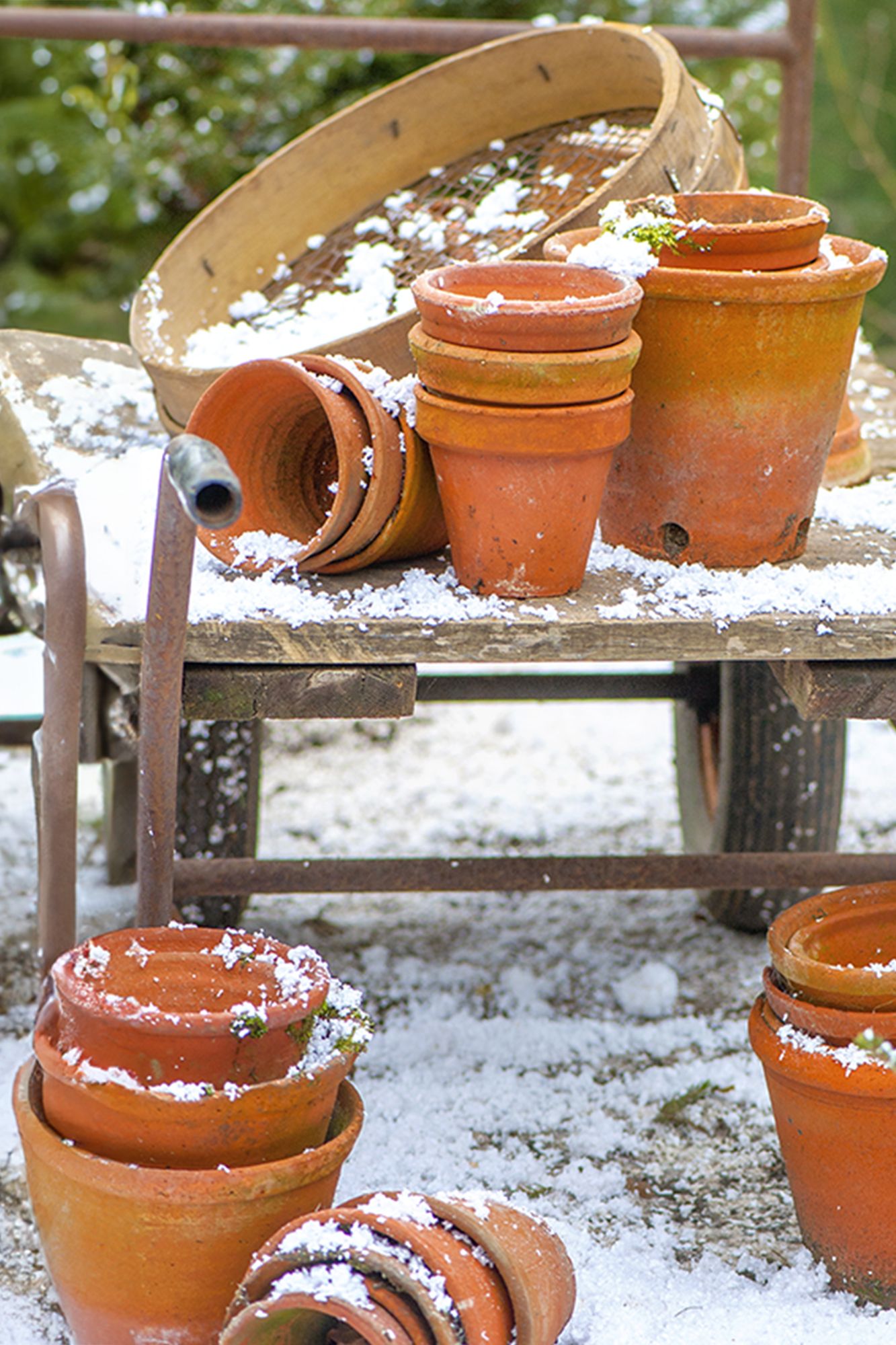 Terracotta plant pots and sifter on cart in the snow