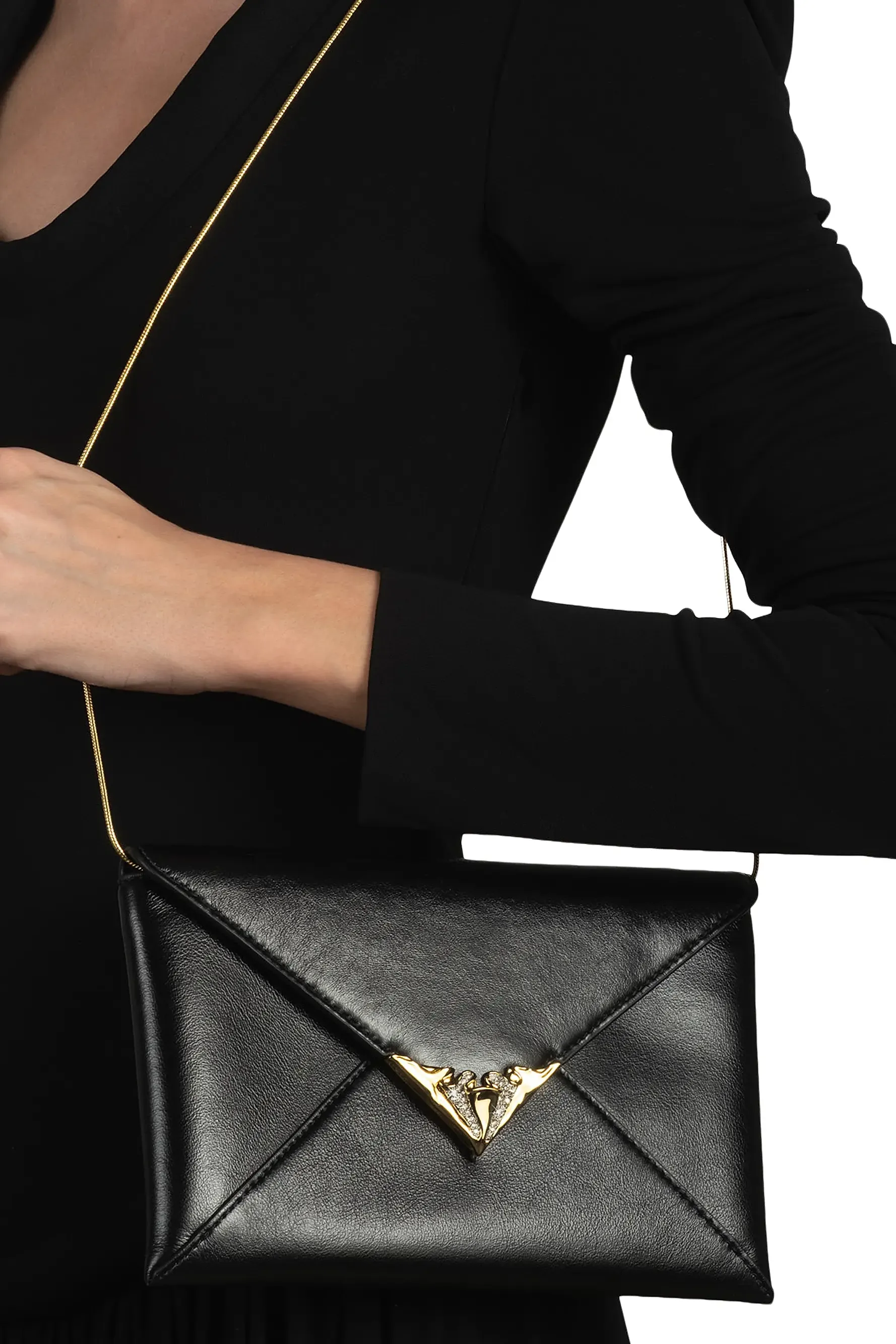 Crystal-Embellished-Trim Leather Envelope Clutch