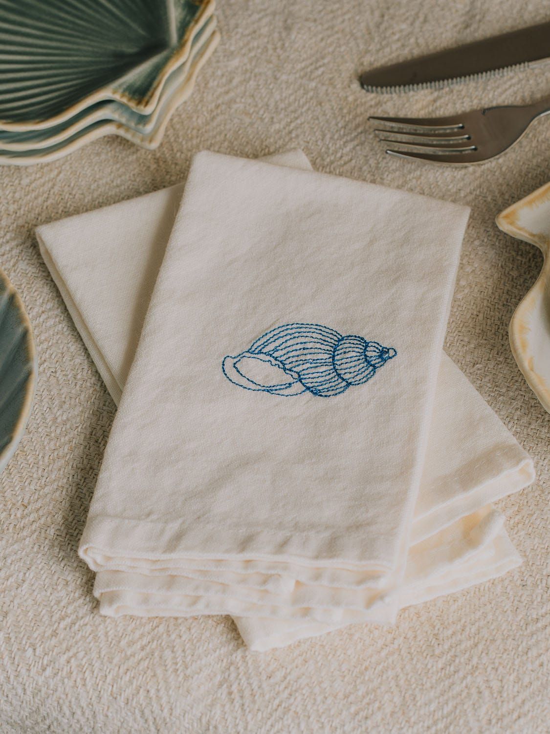Blue Conch Embroidered Cotton Napkin