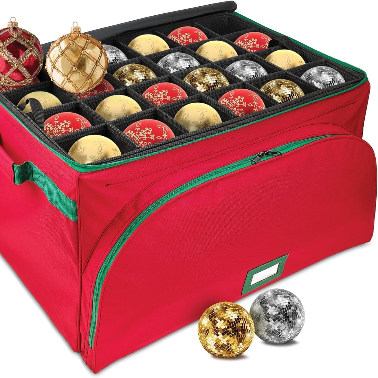 Holdn&amp;rsquo; Storage Premium Christmas Ornament Storage Container - Holds Up to 72-4&amp;rdquo; Ornaments Durable 600d Fabric - Adjustable Dividers - 3 Individual Trays - Metal Frame - Red