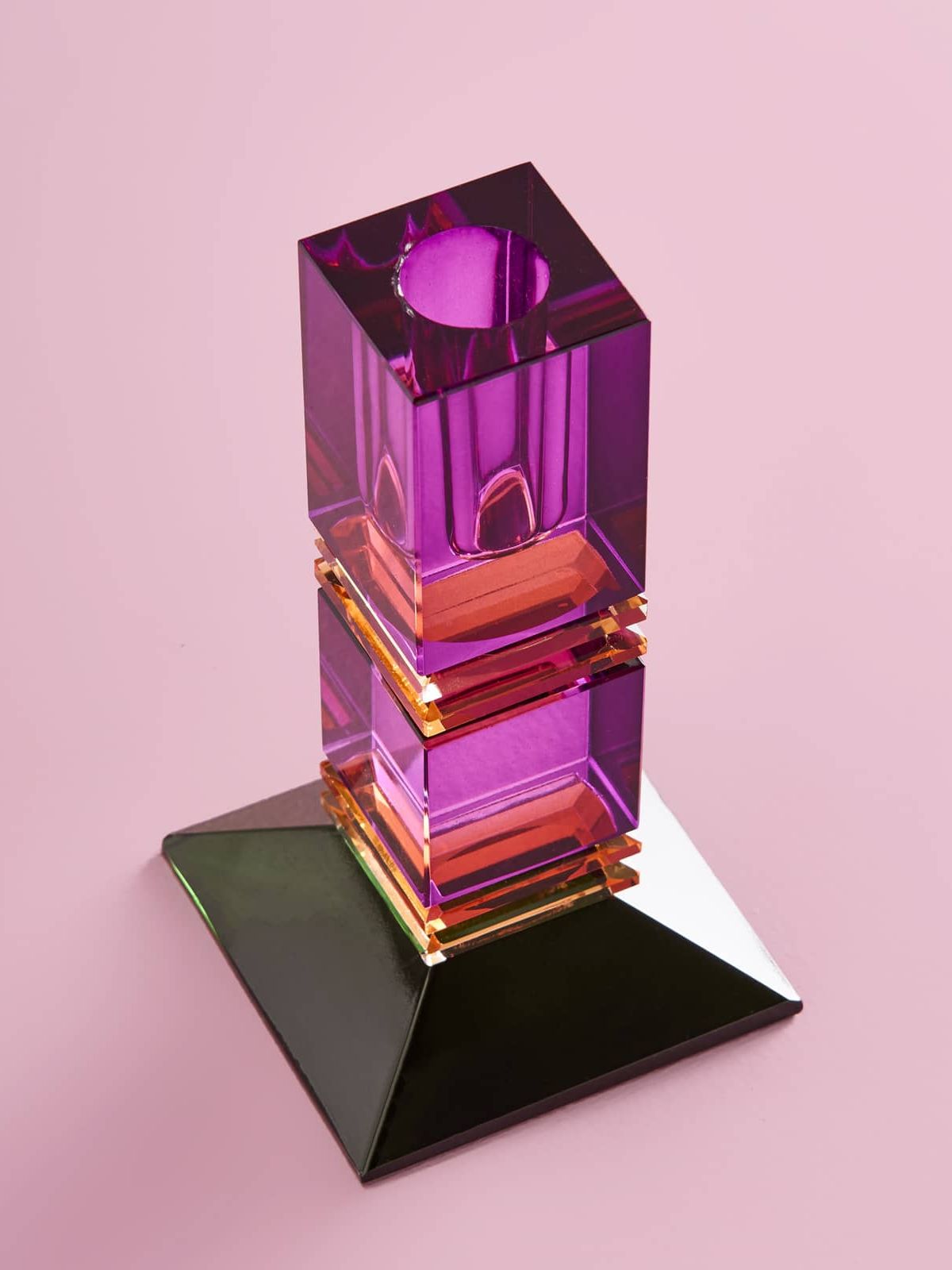 Candle Holder Fancy Crystal, Magenta, Square, Glass