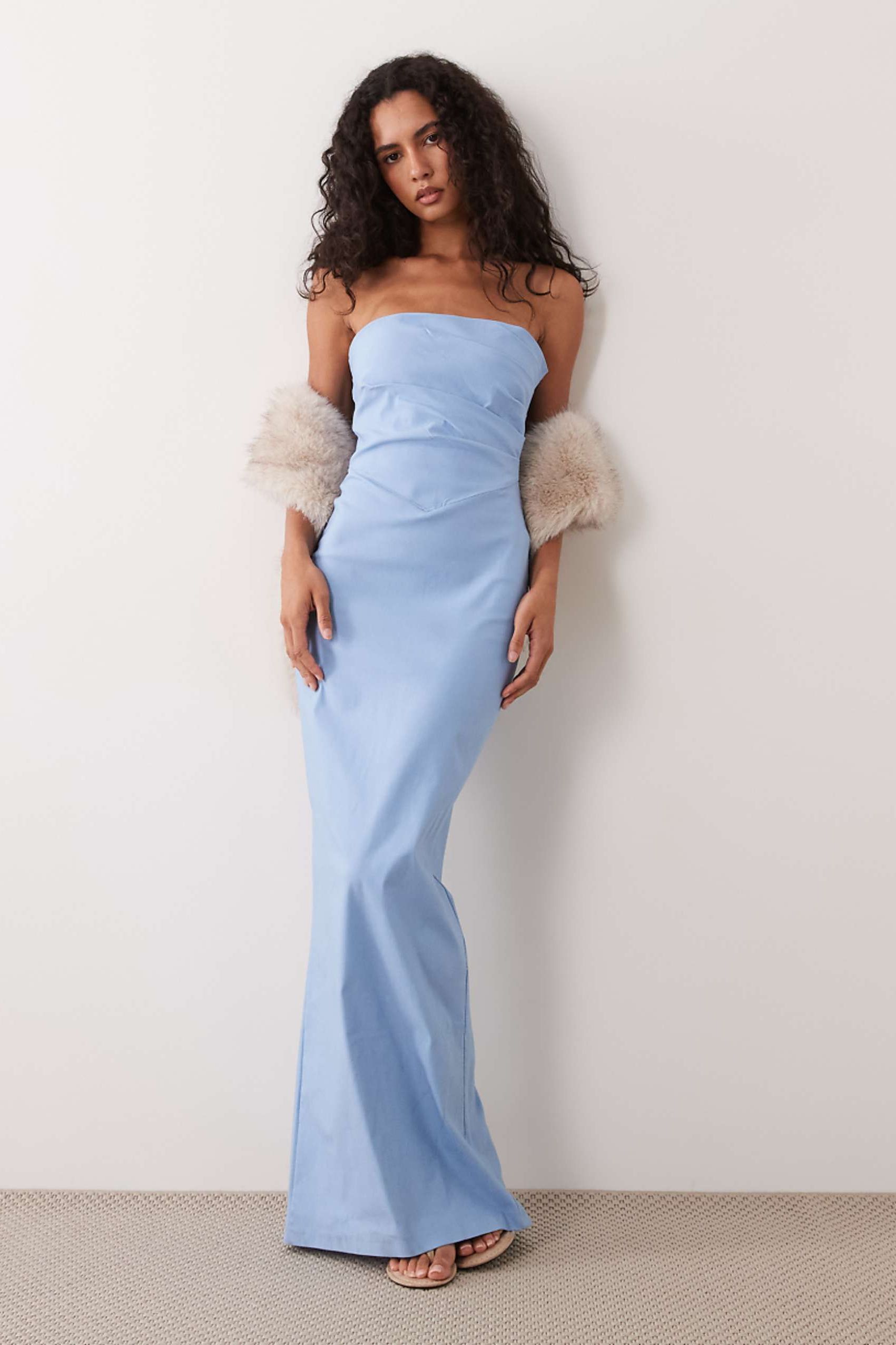 Vesper Bengaline Draped Waist Bandeau Maxi Dress in Light Blue