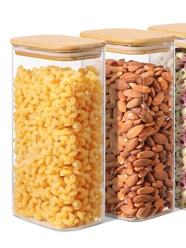 Comsaf 1.7l Rectangle Glass Storage Containers With Lids, Glass Jars With Bamboo Lids, Clear Food Storage Jar, Sugar Coffee Containers, Pantry Storage Container for Pasta Flour Oats Nuts