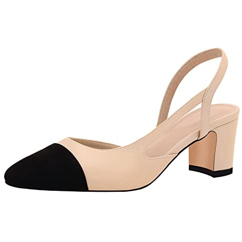 Micifa Womens Slingback Heels&amp;#65292;square Toe Block Chunky Pumps Low Heeled Fashion Splicing Dress Shoes for Women, Nude, 6.5 Uk