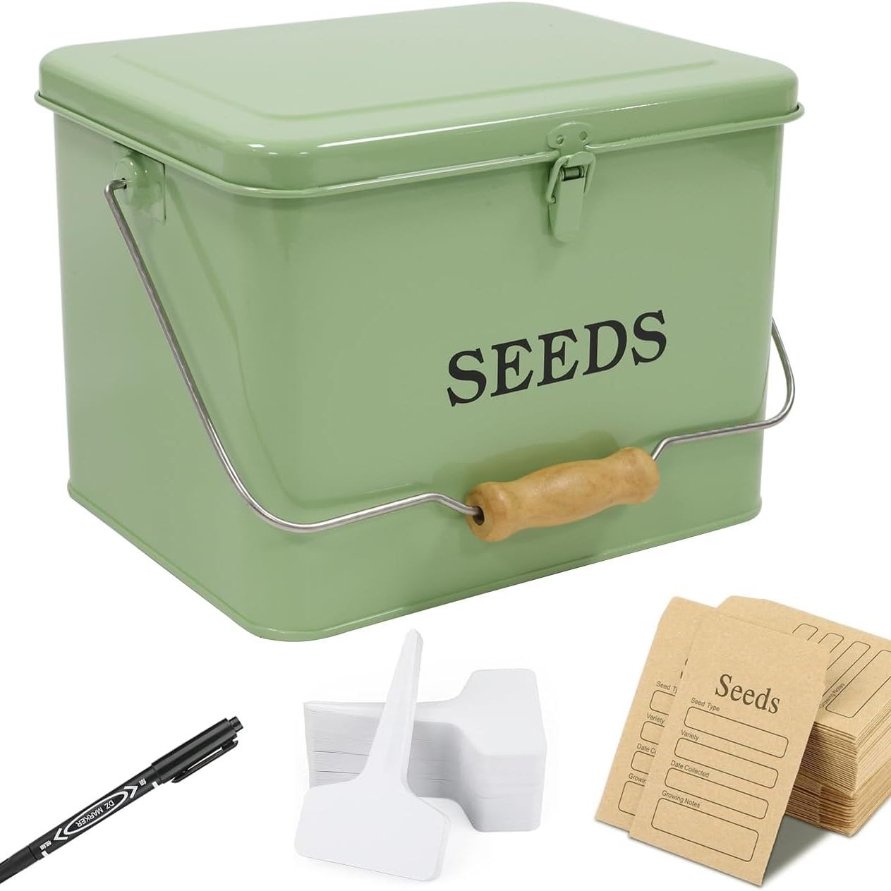 Xbopetda Seed Storage, Metal Seed Box With Safety Lock & Handle, 3 Dividers Seed Organizer Seed Container Storage, Professional All-In-One Kit With 1 Pen, 20 Plant Labels and 50 Seed Envelopes, Green