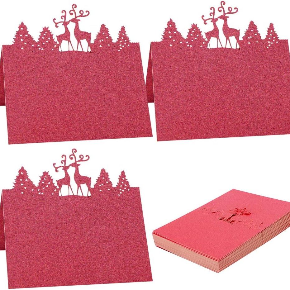 Christmas Reindeer Table Cards 50 Sheet Christmas Tree Name Place Card Paper Small Tent Cards Table Placecards for Wedding Christmas Holiday Birthday Party Banquets Events Decoration-Kraft