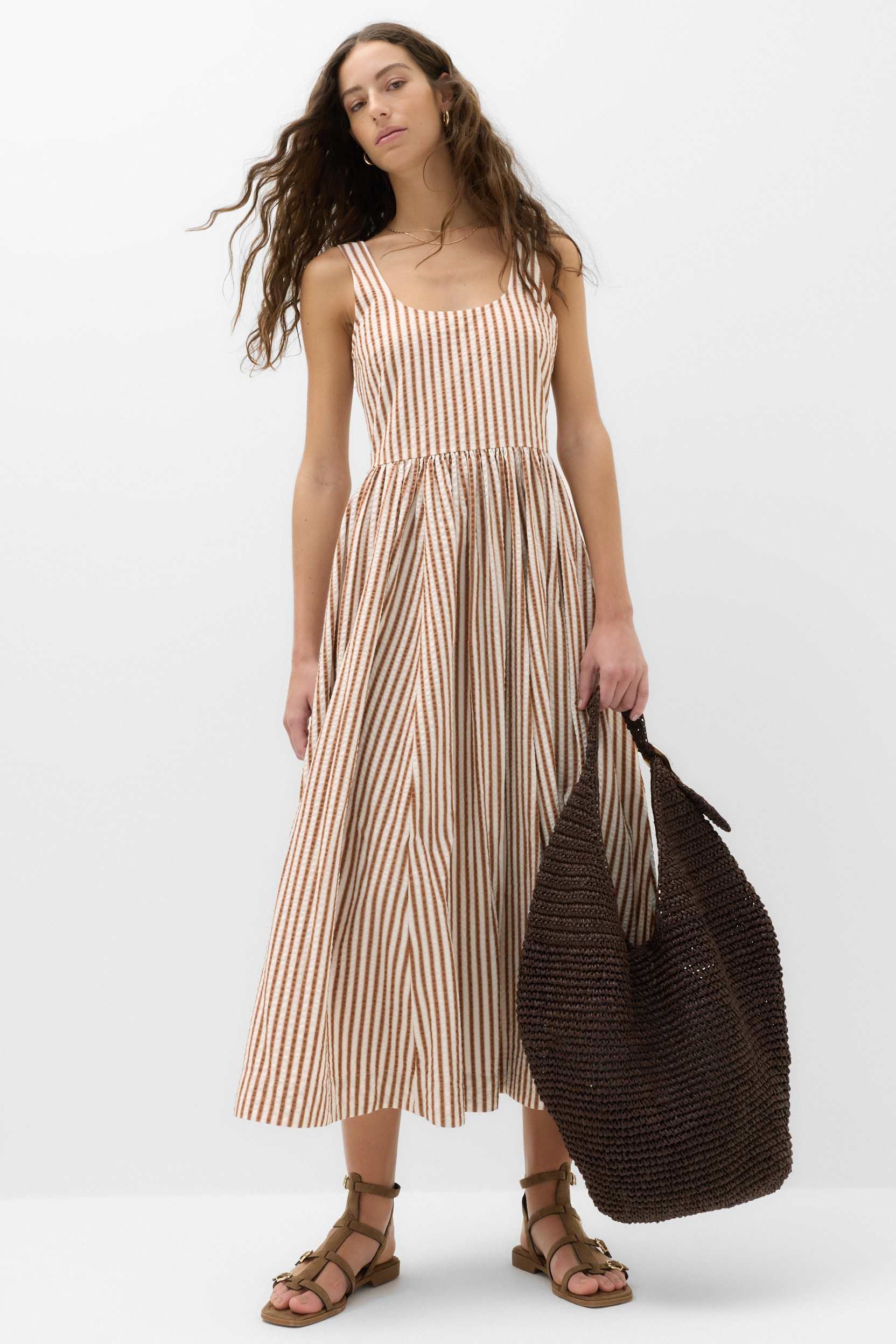 Pure Cotton Striped Midi Waisted Dress