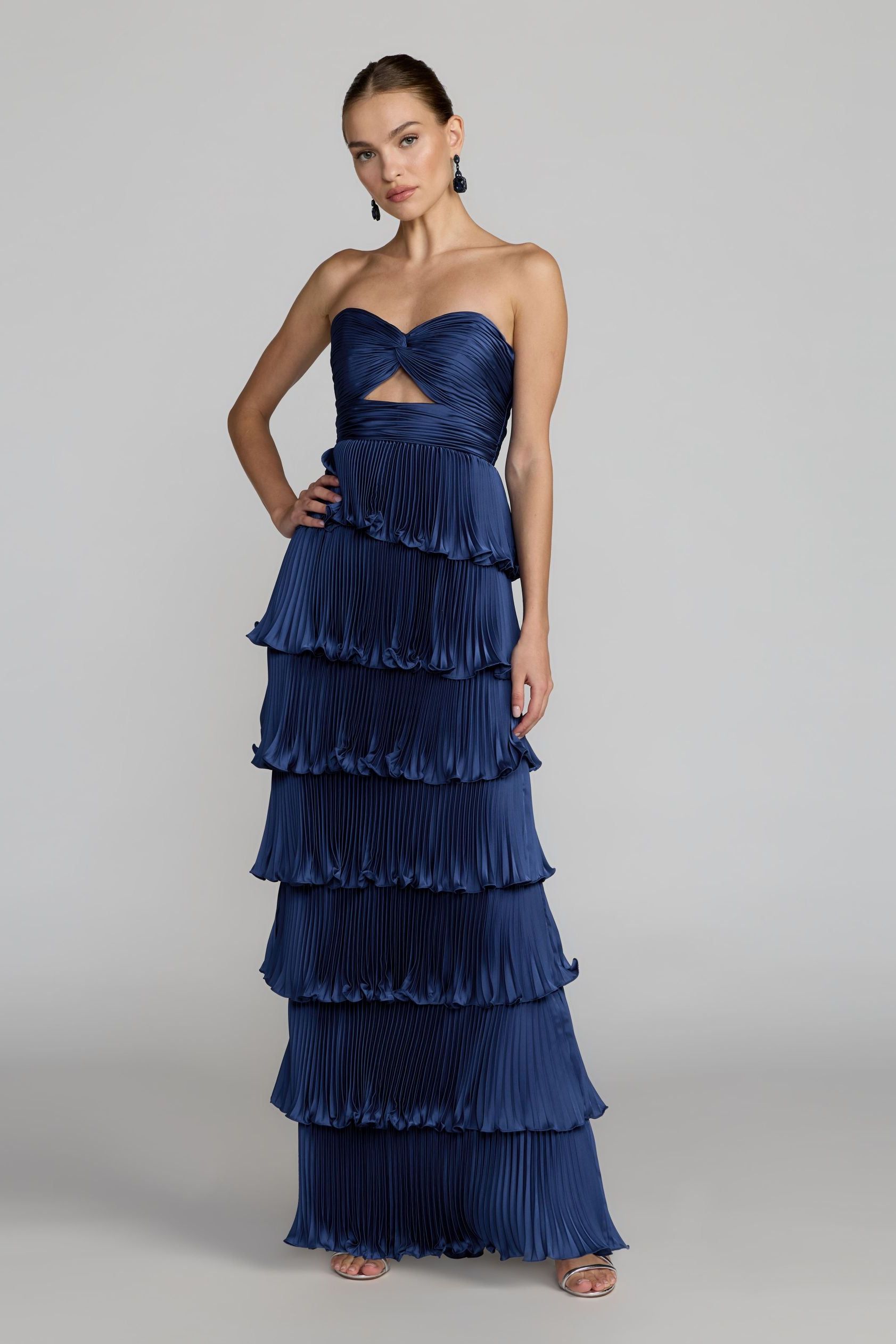Navy Strapless Pleated Charmeuse Tiered Ruffle Gown