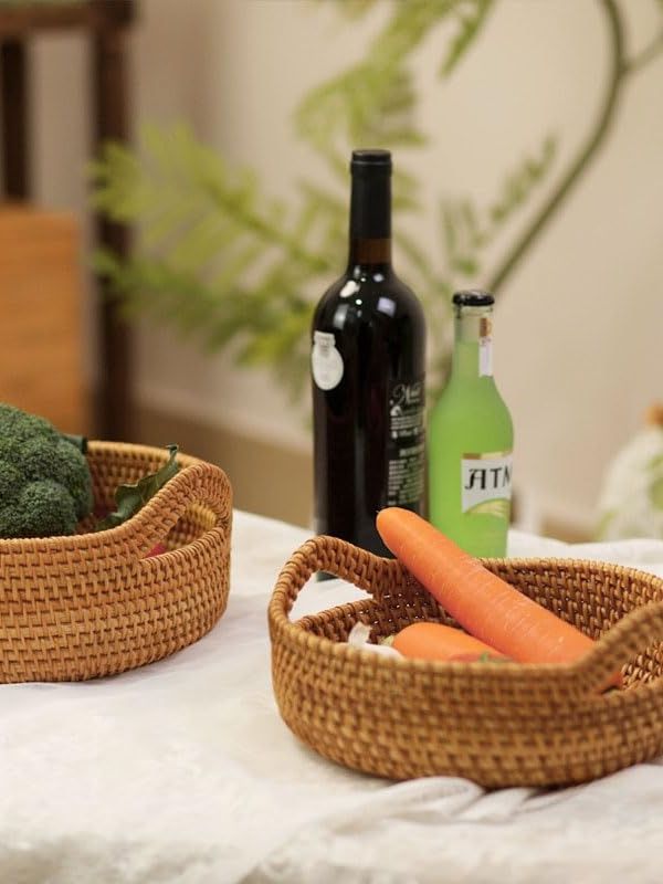 Rattan Storage Basket, Hand Woven Fruit Basket With Handles, Wicker Serving Basket, Decorative Baskets for Organizing, Set of 2