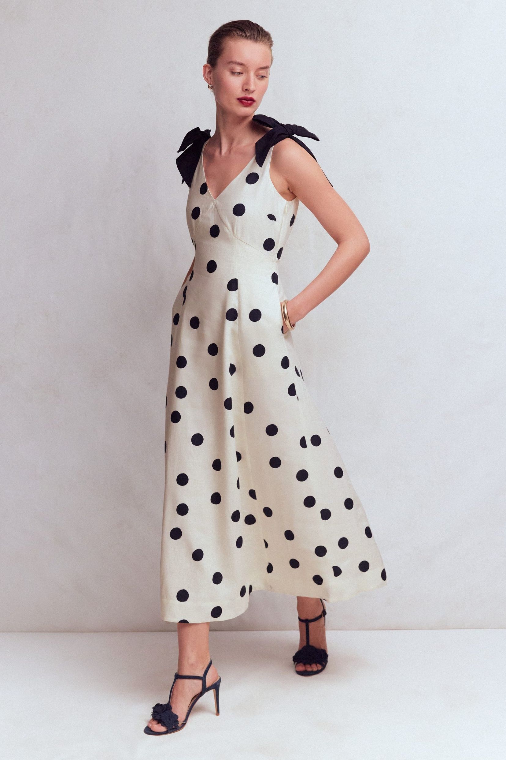 Bow Detail Linen Empire Dress-Ivory Painted Dot Spaced