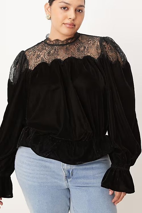 ASOS Design Curve velvet and lace mix high neck long sleeve blouse in black