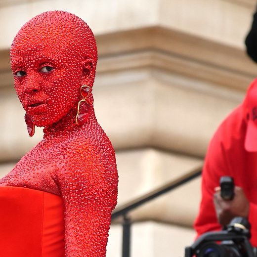 doja cat red swarovski dress Doja Cat Gets Ready for Schiaparelli Wearing Stunning Red Outfit & 30,000 Crystals | Vogue France