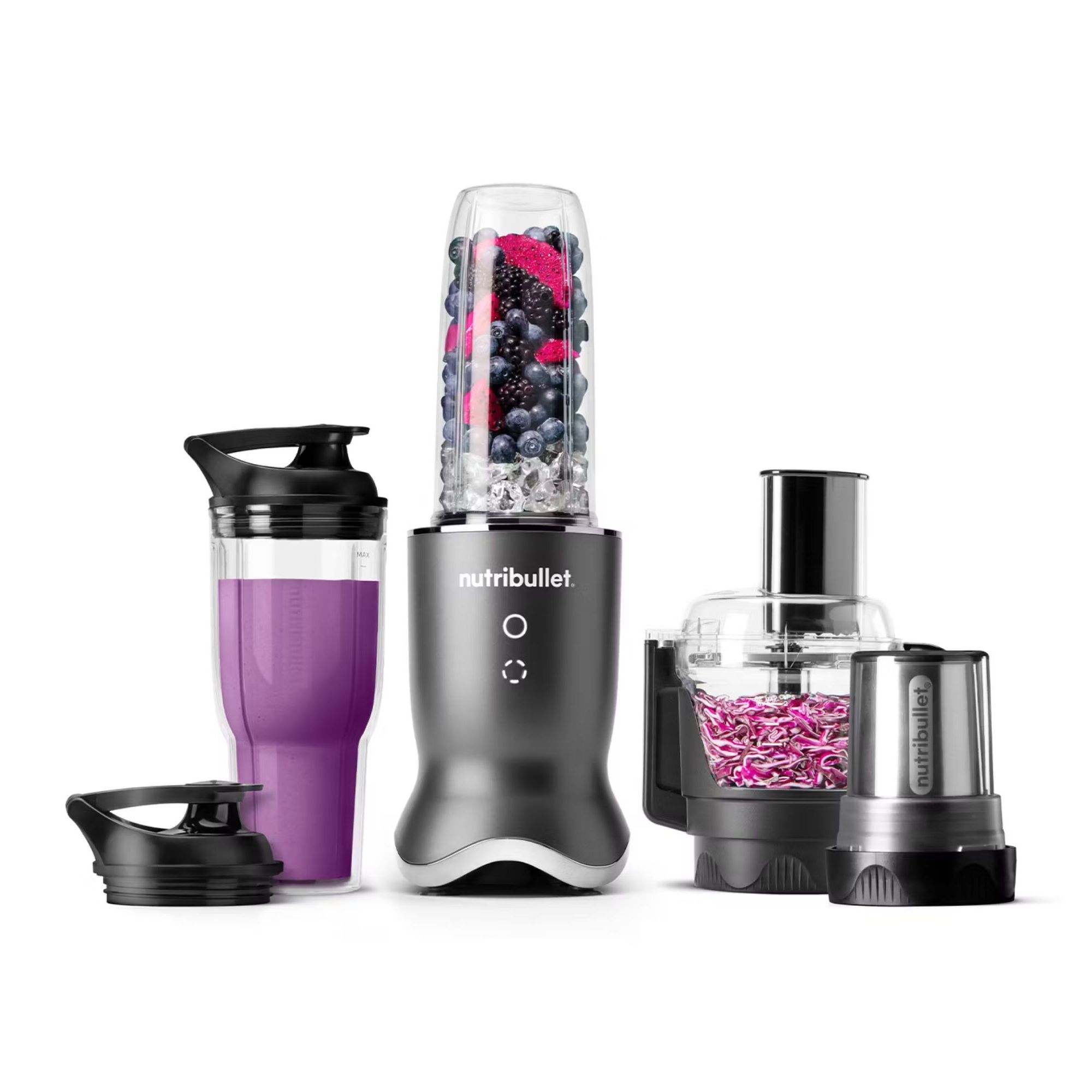 Nutribullet Ultra Plus and attachments on a white background