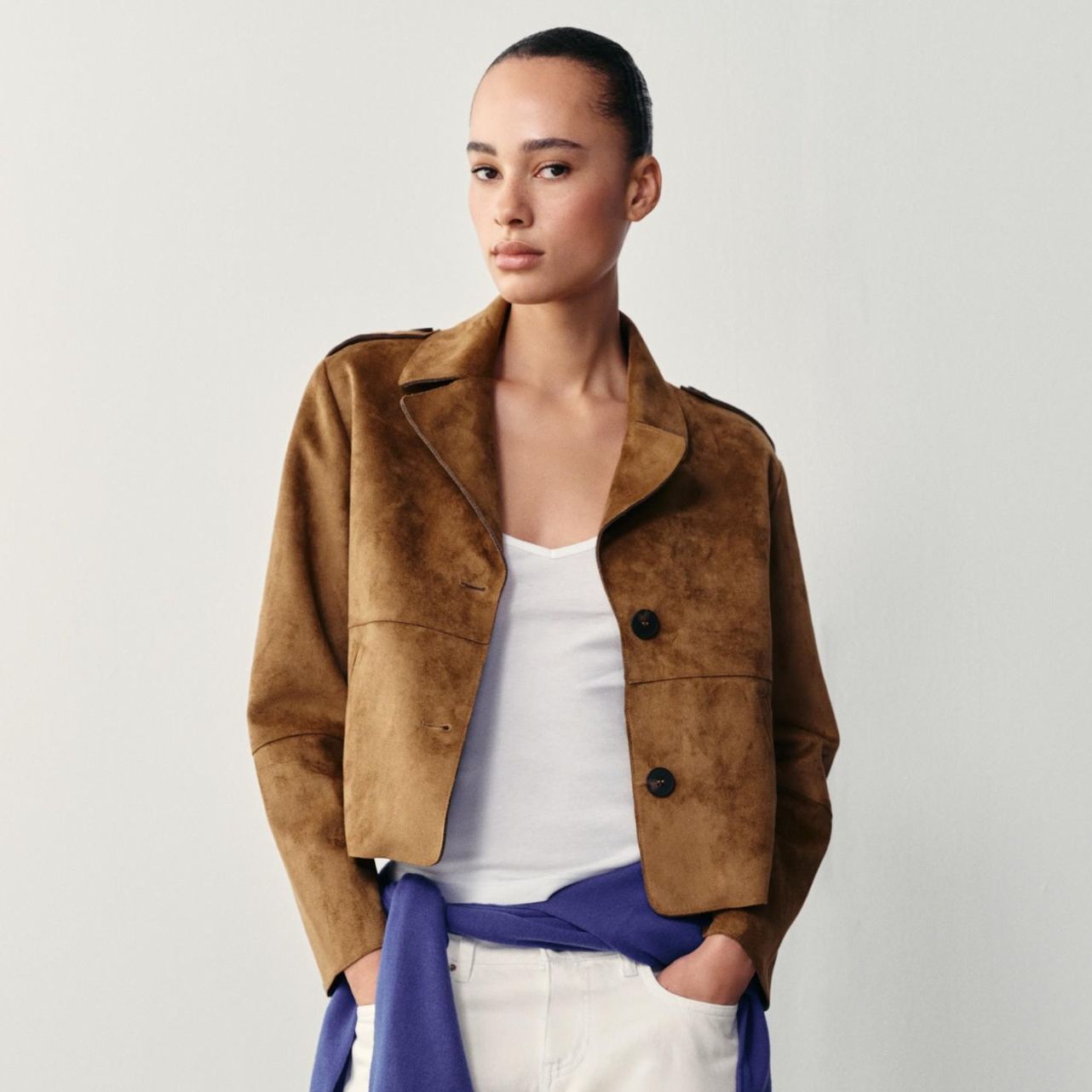 Faux Suede Jacket - Taupe Brown - Xs