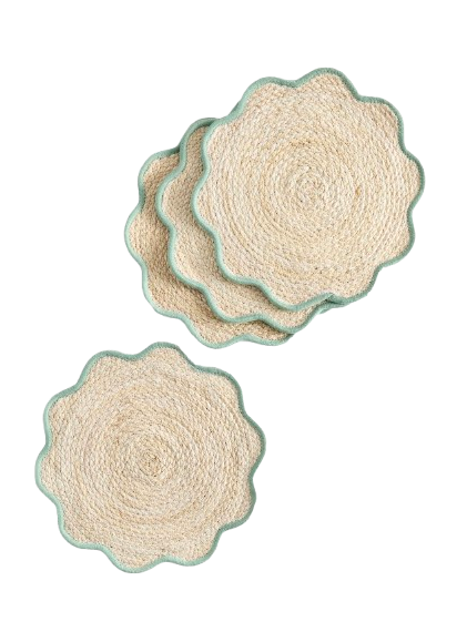 Set of 4 Sage Green Scallop Rattan Placemats