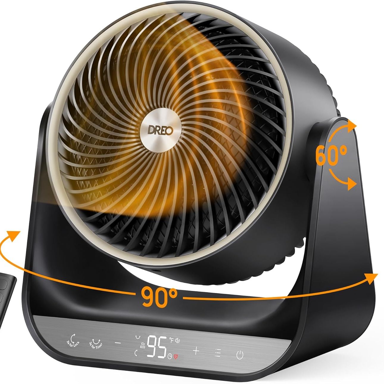 DREO Whole Room Heater with orange graphics showing oscillating angles and heat emission, next to remote control and against white background.