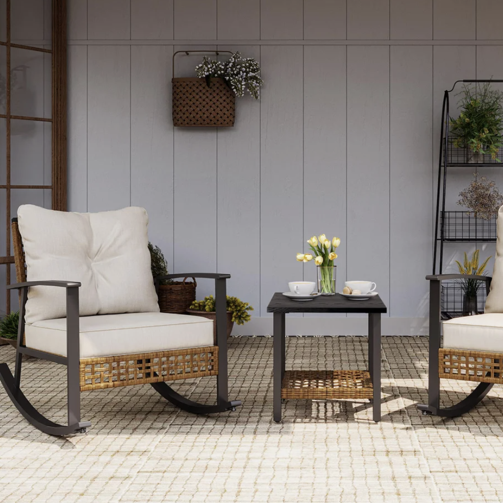 two modern rocking chairs on a porch