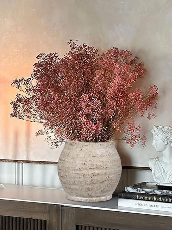 Arborus Rustic Vases 13cm Small Beige Vase for Flowers 3.5" Opening Cement Pot Planter Vintage Farmhouse Vases for Pampas Grass Dry Plants Living Room Table Entryway Bathroom Shelf Mantel Home Decor