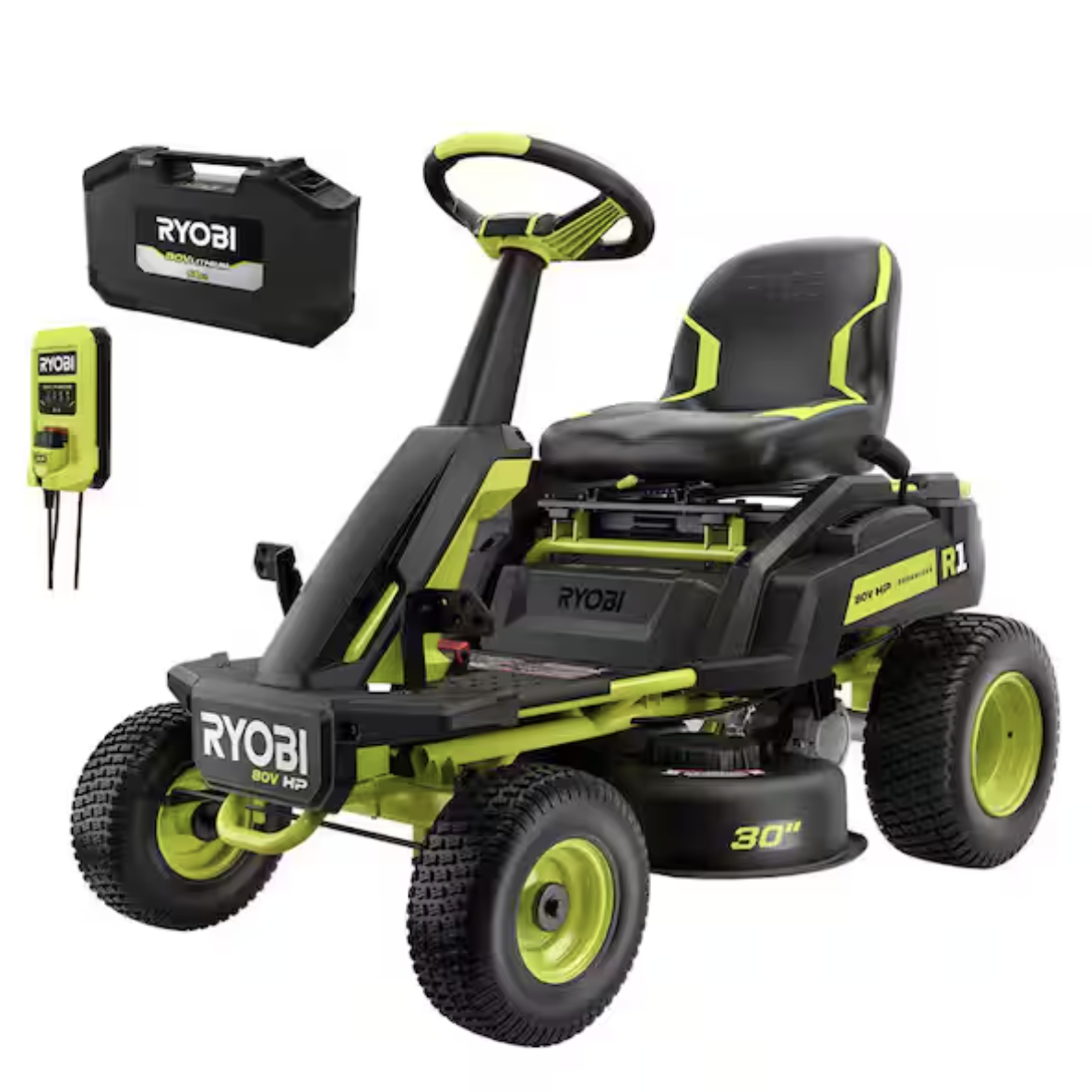 Ryobi R1 80V HP Brushless Lithium Battery Cordless Electric 30 in. Riding Lawn Mower with 14 Ah Battery and Charger