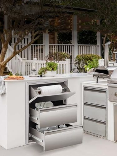 Hapihom Outdoor Kitchen Drawers, Stainless Steel Bbq Drawers for Bbq Island, Patio Grill Station, Stainless Steel Built-In Bbq Drawer With Reveal, 2-Drawer With Paper Towel Holder 76x58x16.5 Cm