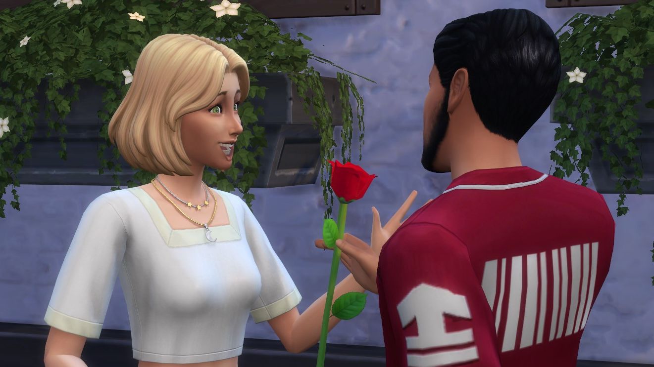 The SIms 4 - One Sim offers a rose to another to flirt.